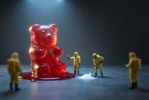 Macro diorama of miniature hazmat workers treating a melting red gummy bear as toxic waste, visually representing the health risks of synthetic food dyes.