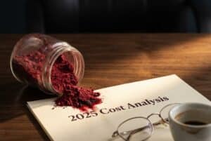 pilled crimson beet powder on a financial document titled 2025 Cost Analysis, visualizing the expense and complexity trends within the Natural Food Colors Market Analysis.
