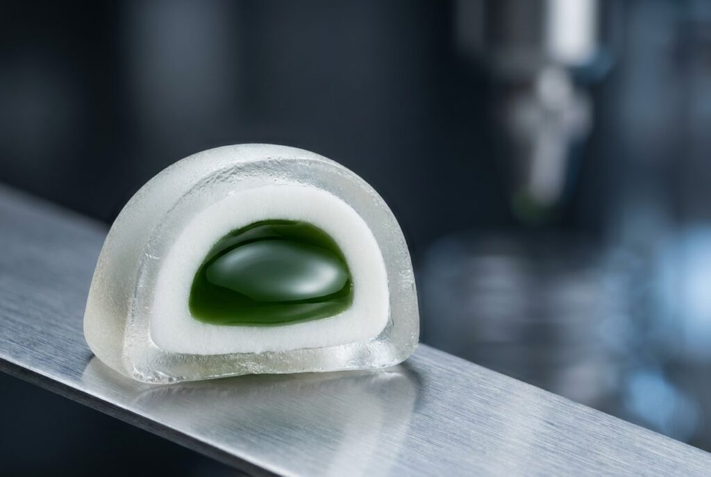 An extreme macro cross-section of a domed functional gummy resting on a stainless steel surface, revealing a translucent outer gel matrix, an opaque white structural lipid boundary, and an isolated deep green liquid core.