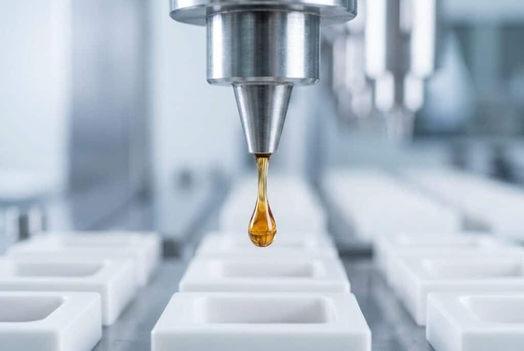 A macro view of a heavy surgical-steel industrial nozzle depositing a flawless drop of translucent amber gel into a cleanroom mold.