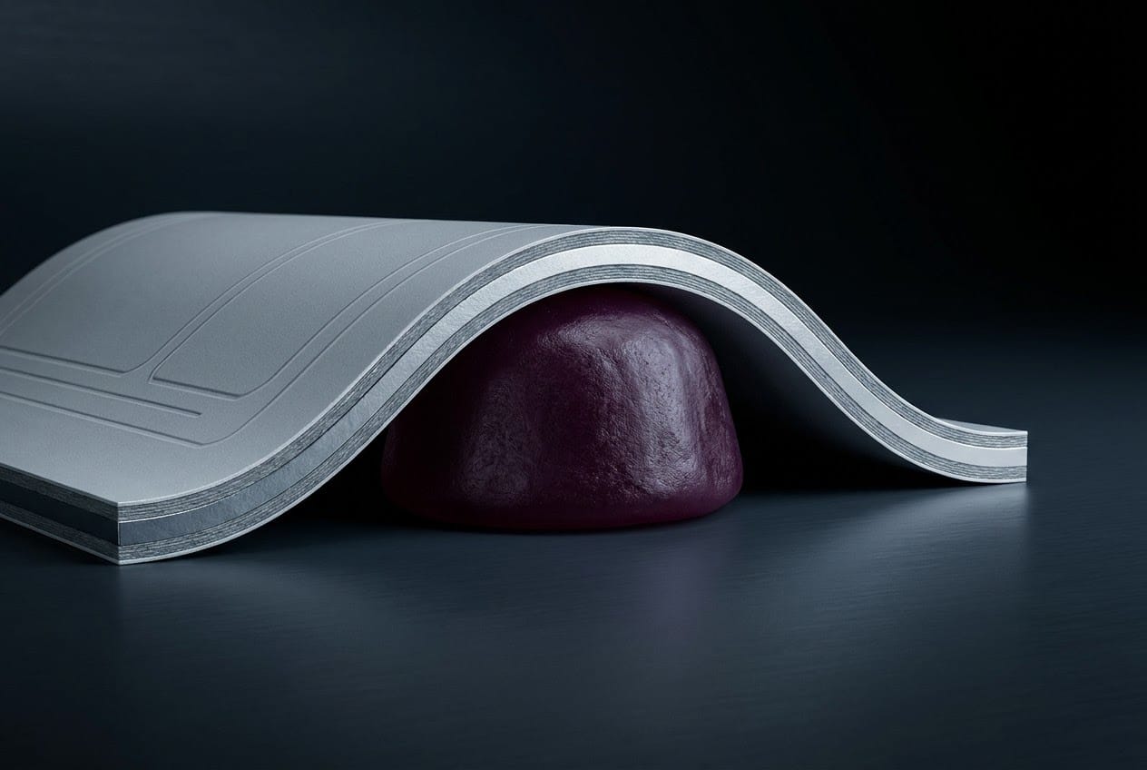 A macro cross-section of multi-layered metallic packaging film forms a protective barrier over a single dark purple functional gummy.