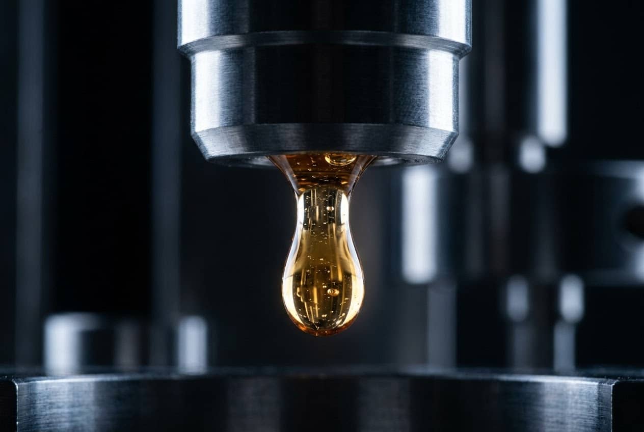 A macro view of a heavy stainless-steel industrial depositor nozzle dispensing a highly viscous drop of translucent amber functional gel against a dark background.